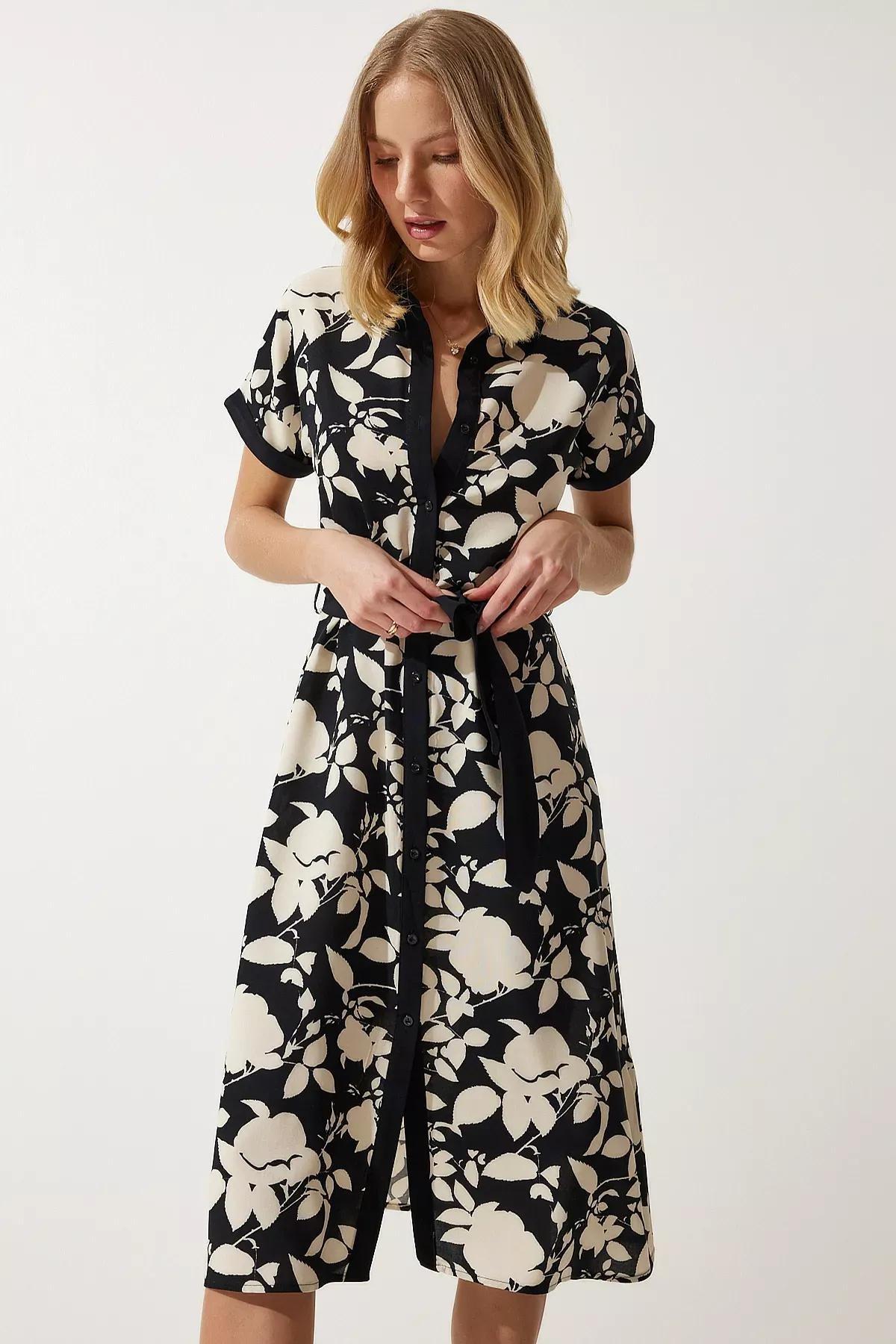 Black Floral Summer Slim Dress, BLACK CREAM, large image number 1