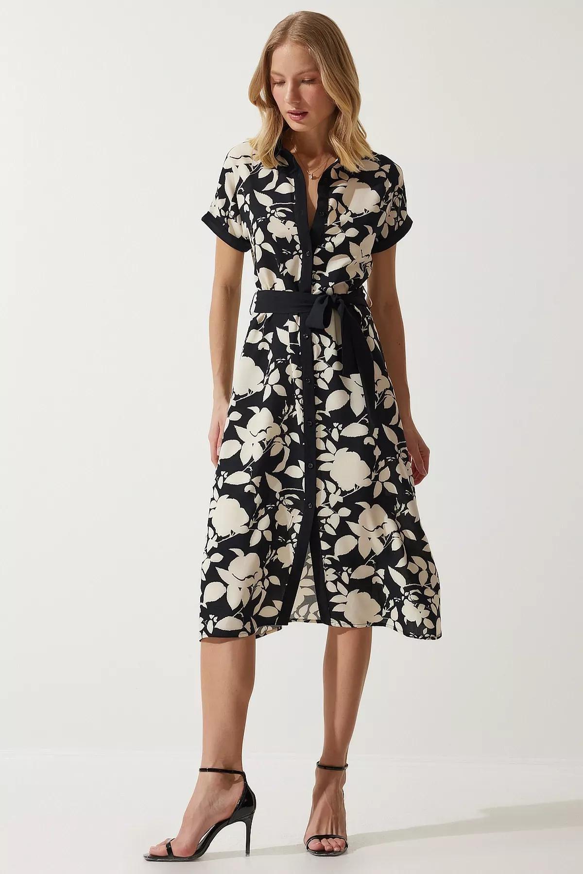 Black Floral Summer Slim Dress, BLACK CREAM, large image number 2