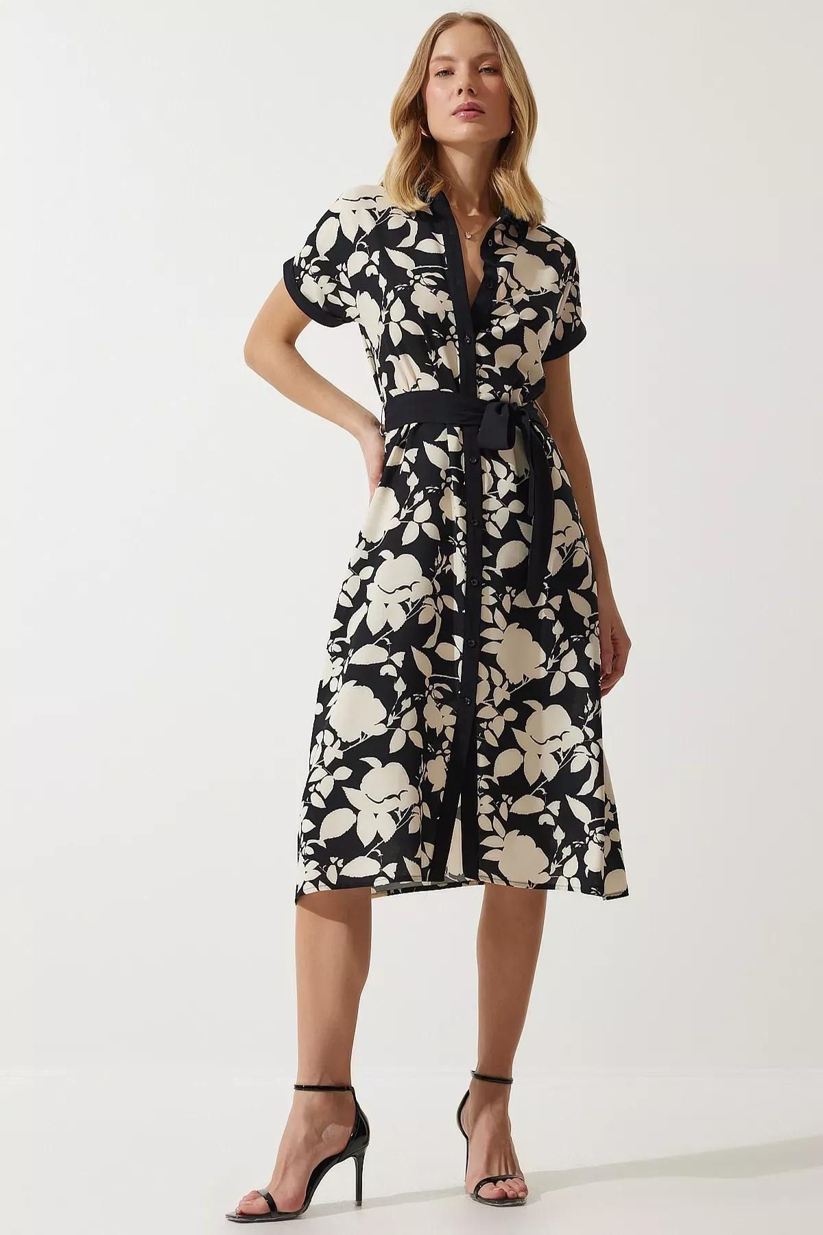 Black Floral Summer Slim Dress, BLACK CREAM, large image number 3