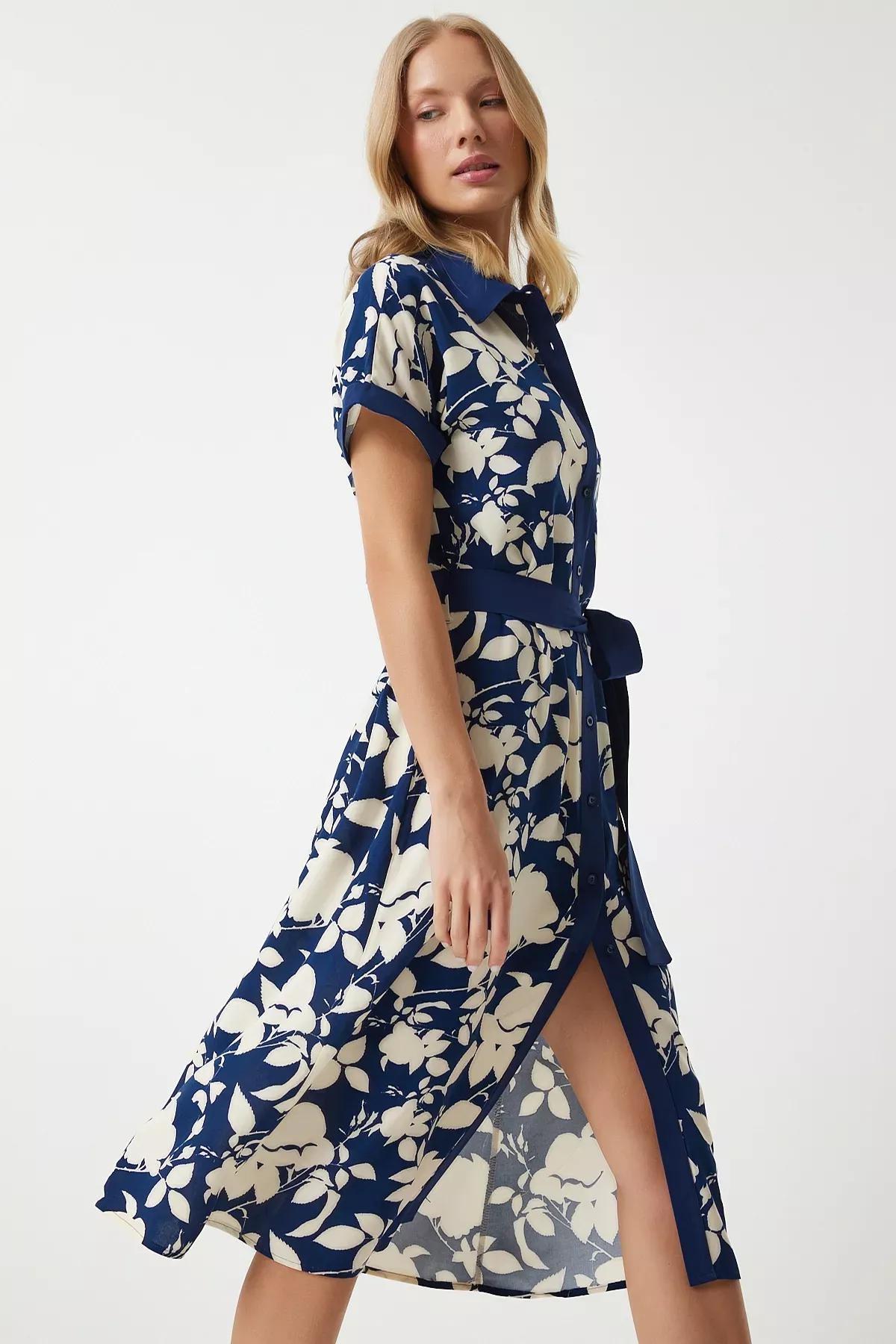 Navy Blue Floral Bohemian Midi Dress, , large image number 0