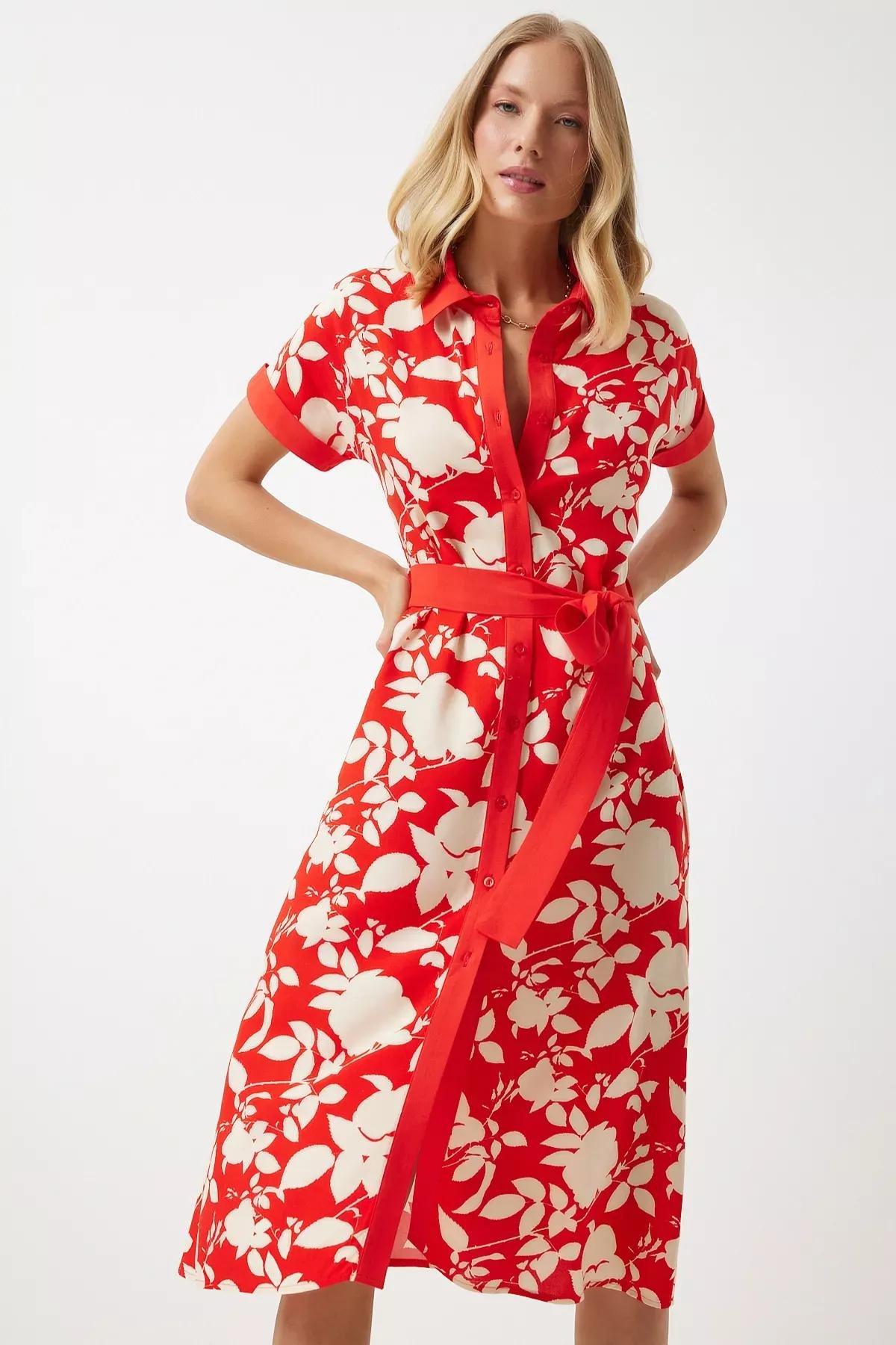 Red Floral Slim Dress, Red, large image number 1