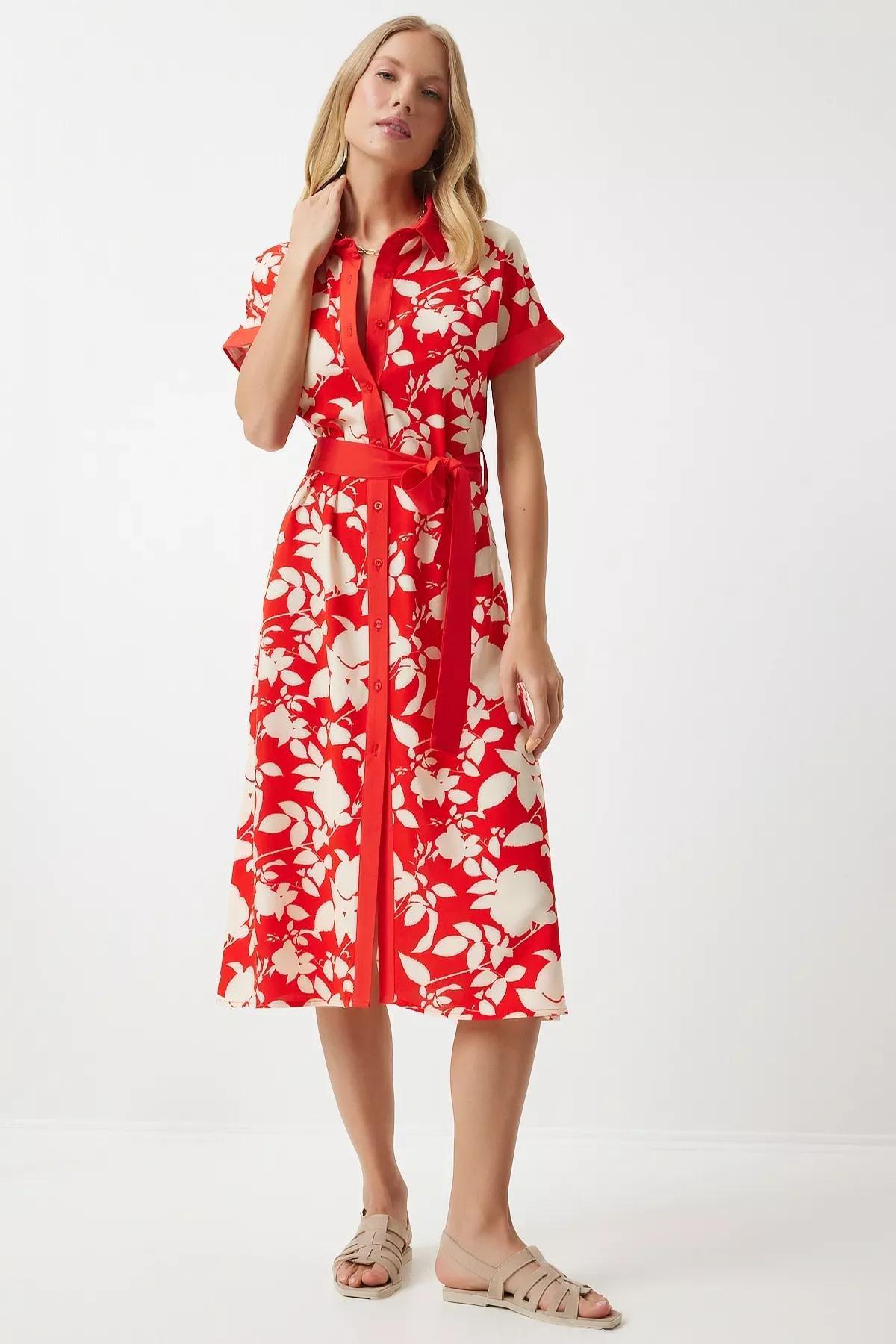 Red Floral Slim Dress, Red, large image number 2