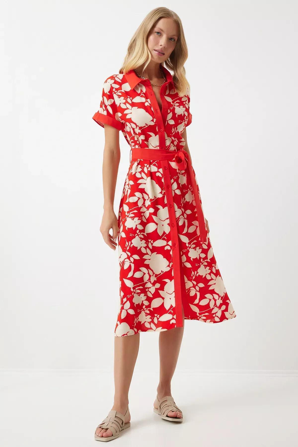 Red Floral Slim Dress, Red, large image number 3
