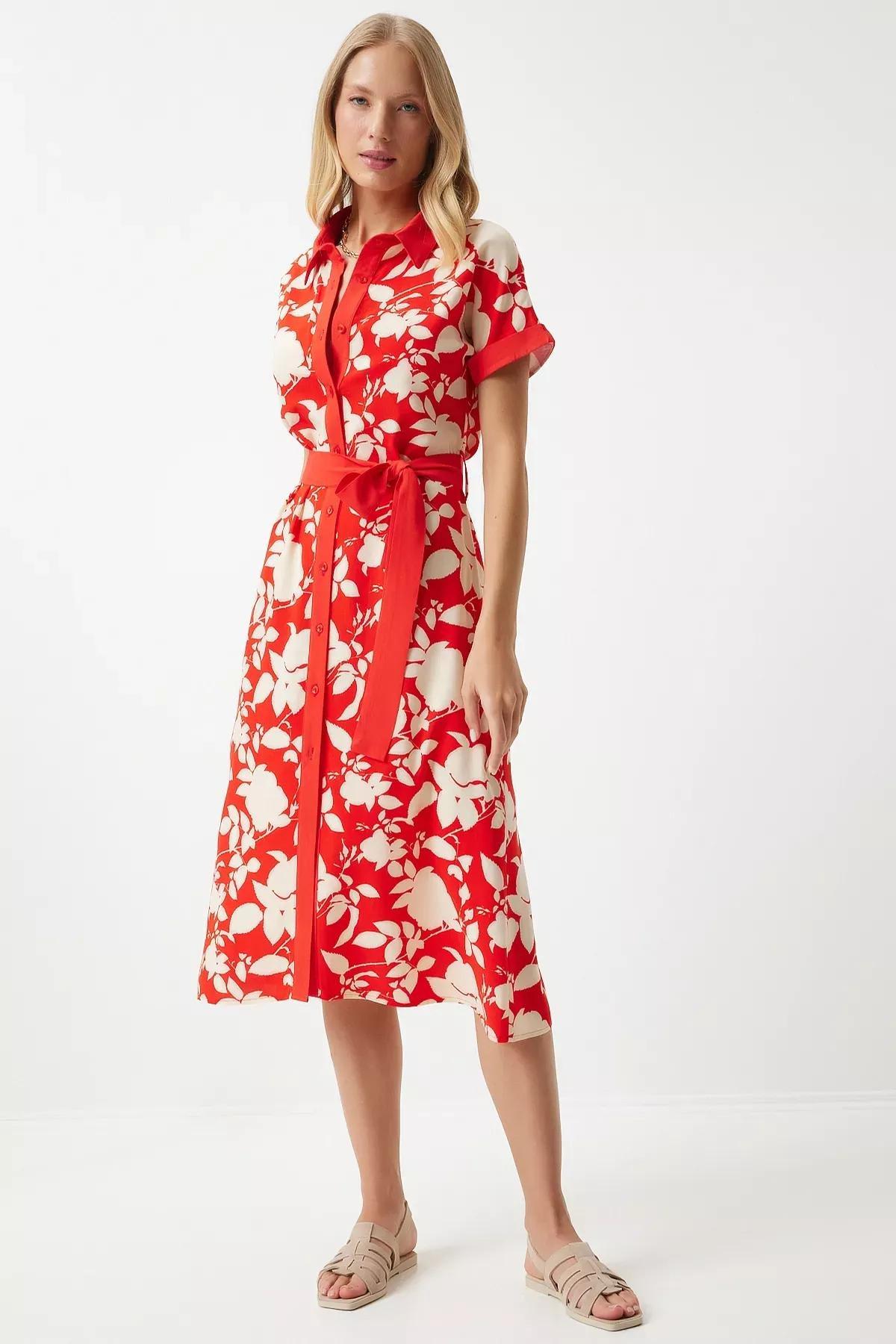 Red Floral Slim Dress, Red, large image number 4