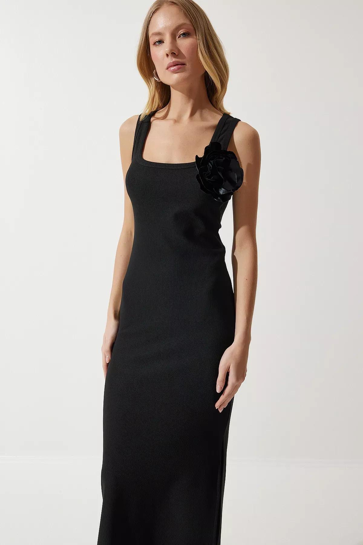 Black Floral Strap Ribbed Knitted Dress, BLACK, large image number 2