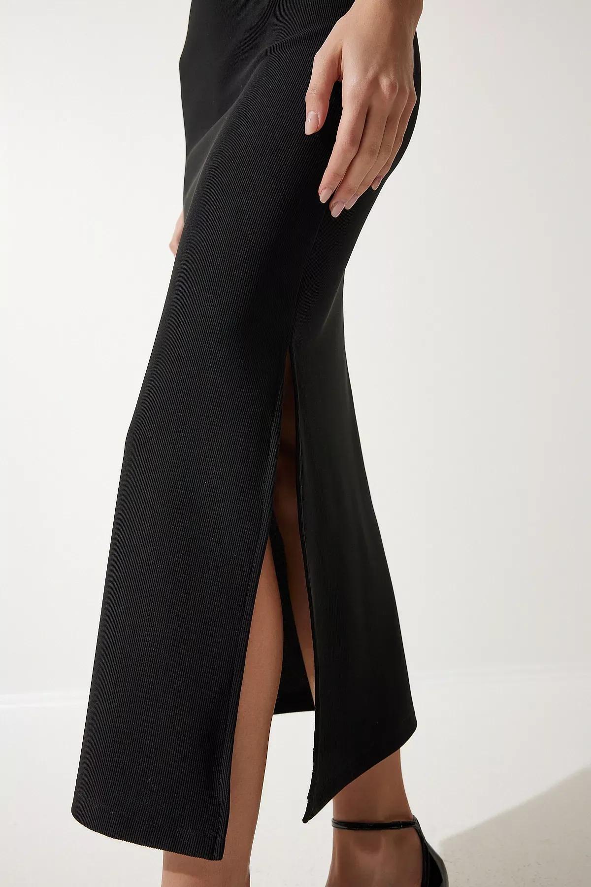 Black Floral Strap Ribbed Knitted Dress, BLACK, large image number 4