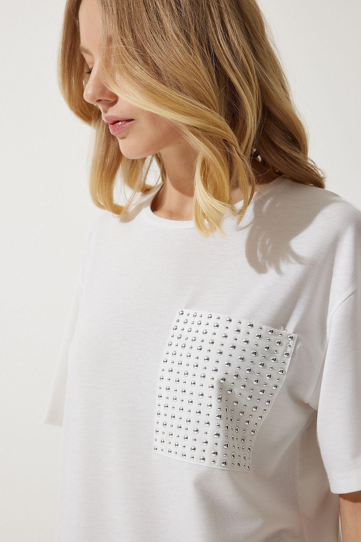 White Brown Detailed Oversize T-Shirt, , large image number 0
