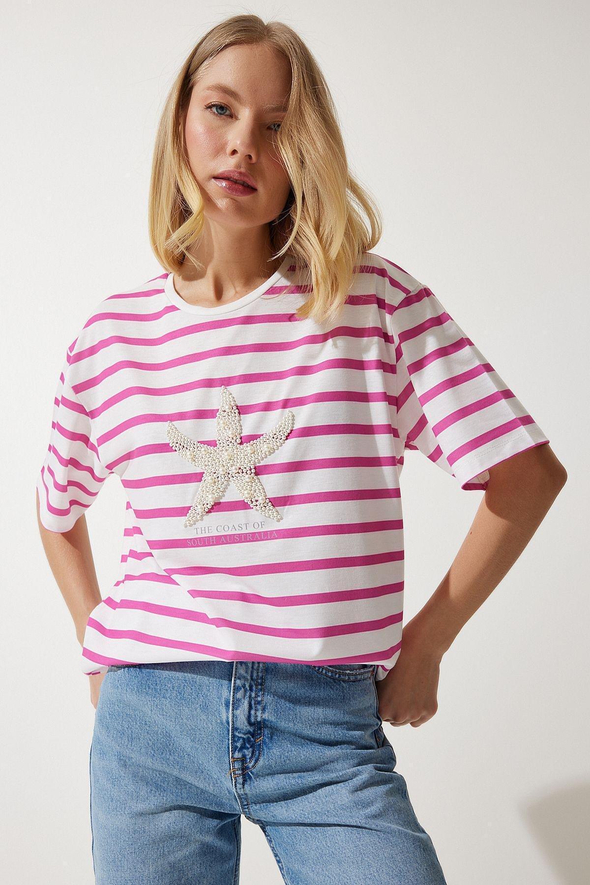 Pink White Striped Pearl Embroidered T-Shirt, Pink White, medium