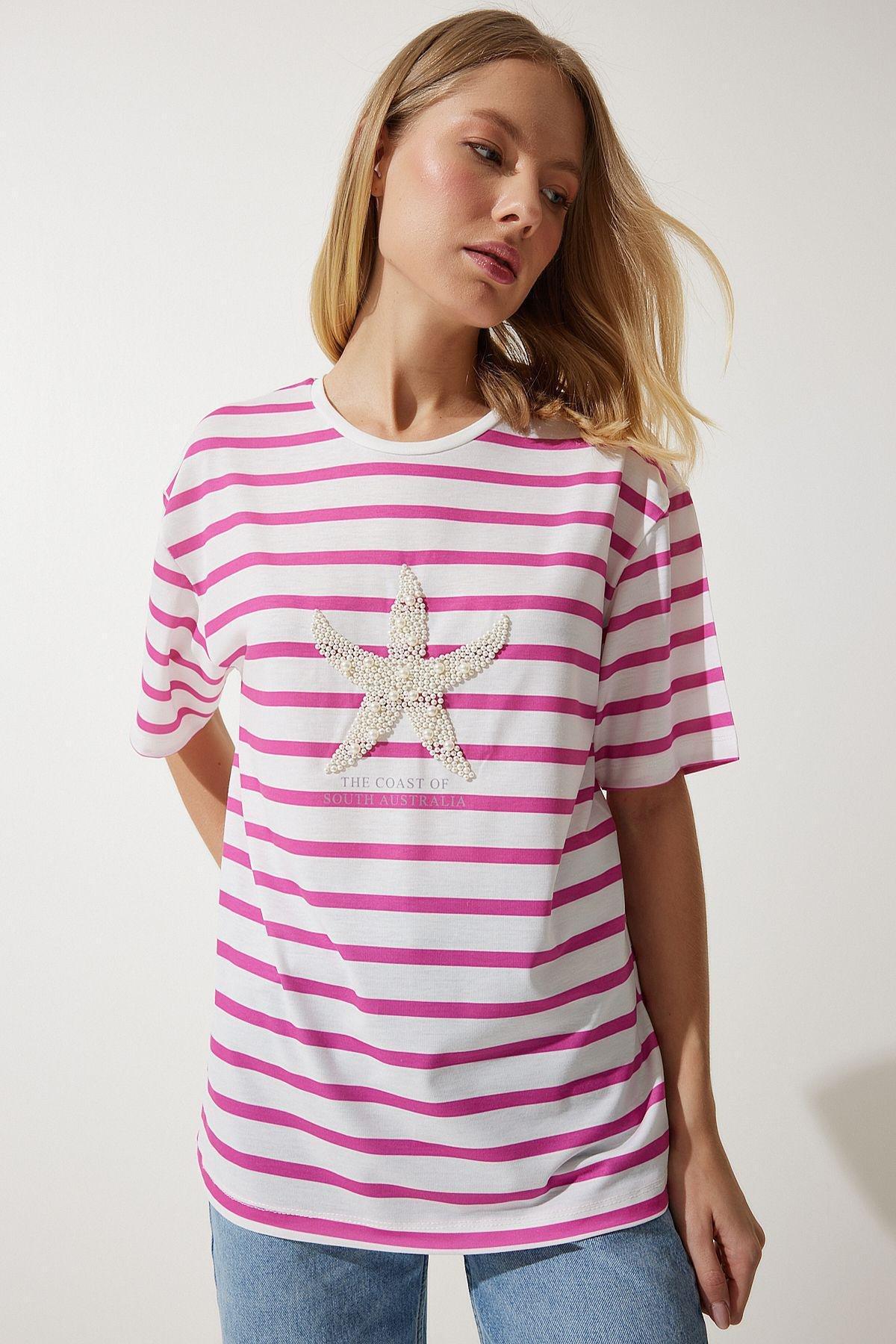 Pink White Striped Pearl Embroidered T-Shirt, Pink White, medium