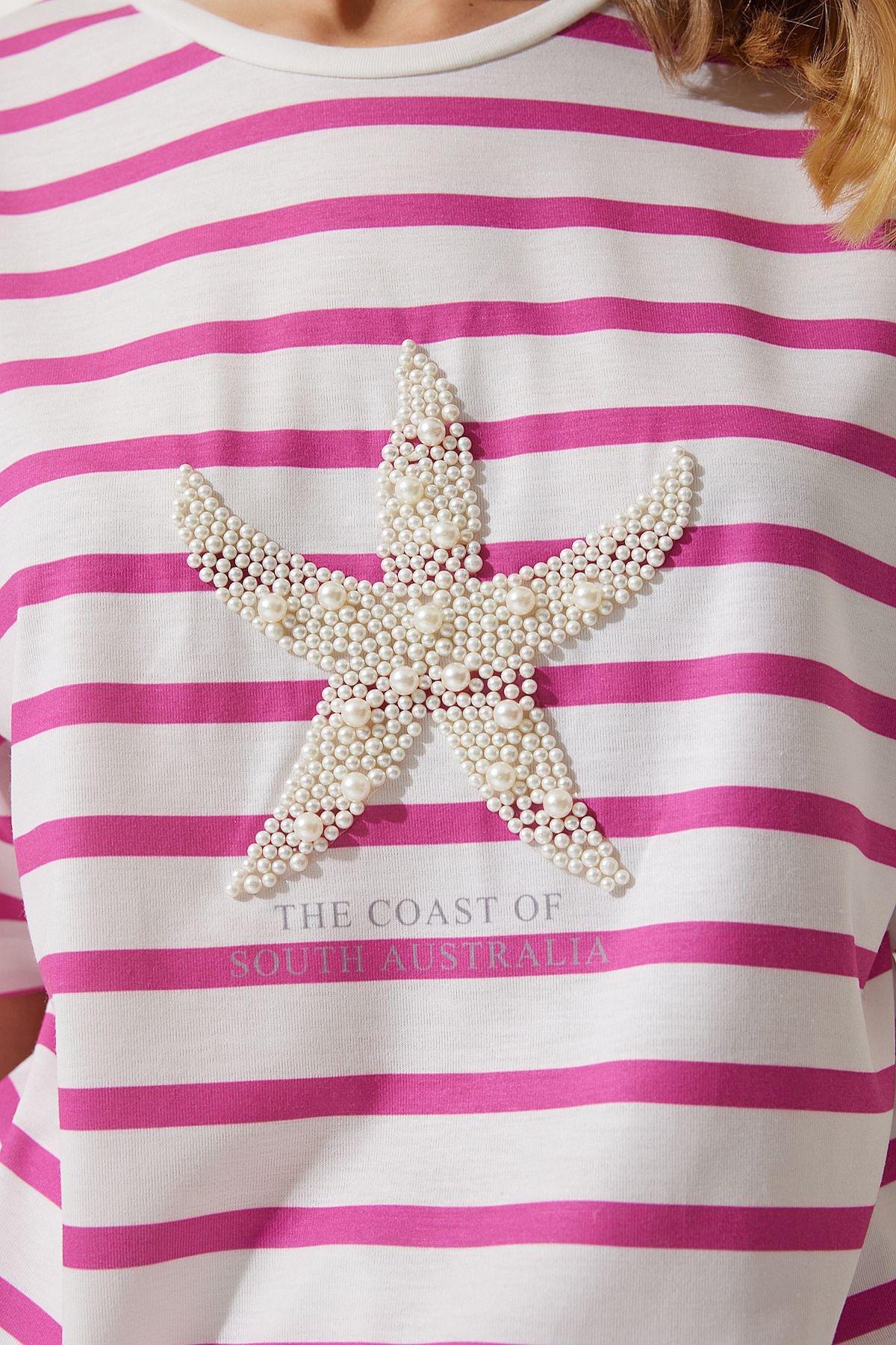 Womens Pink White Striped Star Pearl Embroidered Oversize Knitted T-Shirt PB00023, , large image number 3