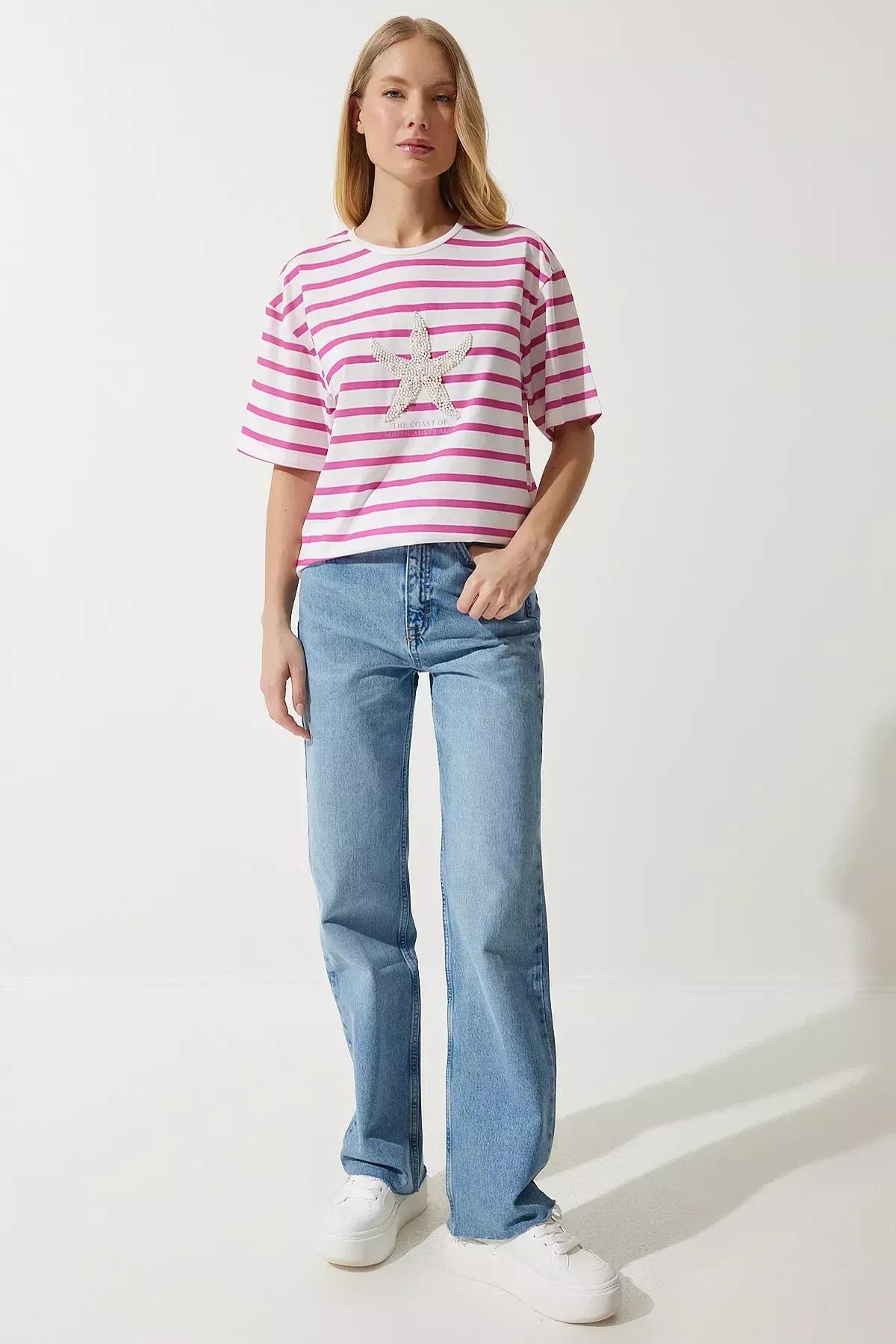 Pink White Striped Pearl Embroidered T-Shirt, Pink White, large image number 3