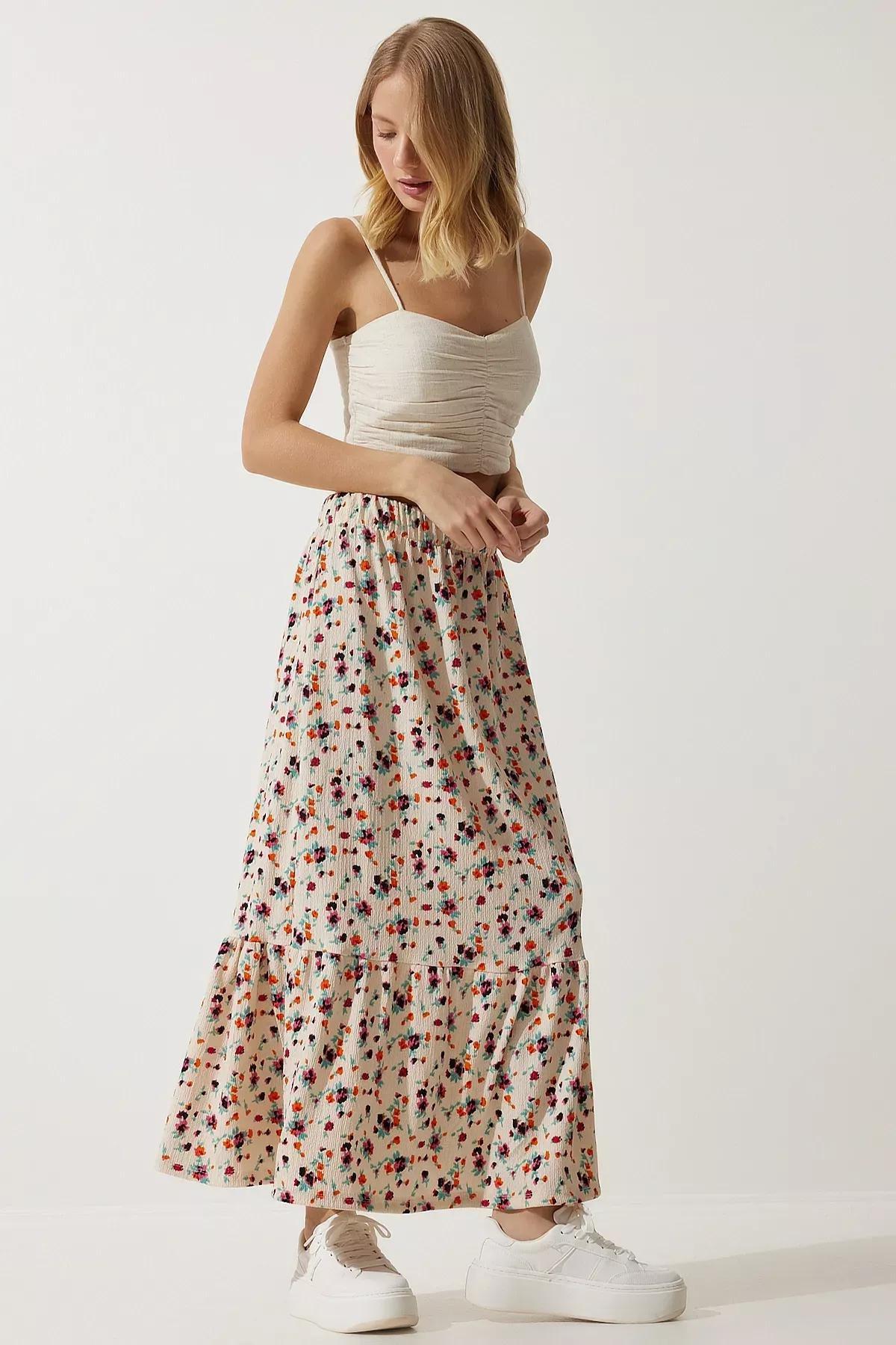 Womens Cream Floral Flounce Viscose Skirt DD01312, single, Cream, large image number 0