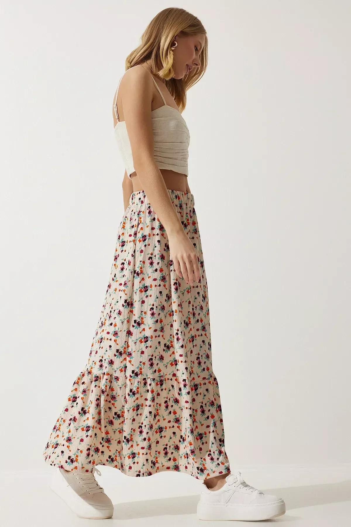 Womens Cream Floral Flounce Viscose Skirt DD01312, single, Cream, large image number 1