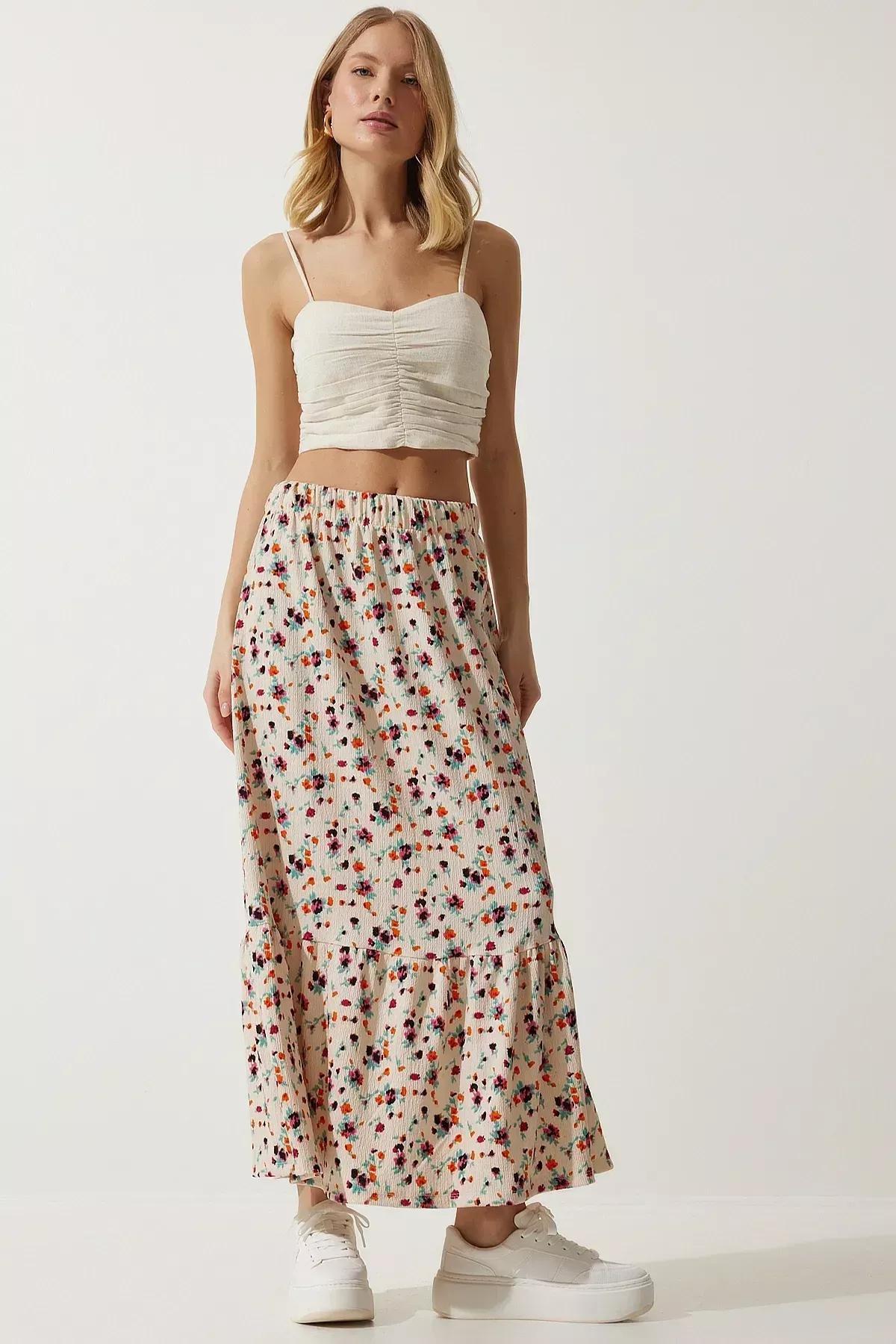 Womens Cream Floral Flounce Viscose Skirt DD01312, single, Cream, large image number 2