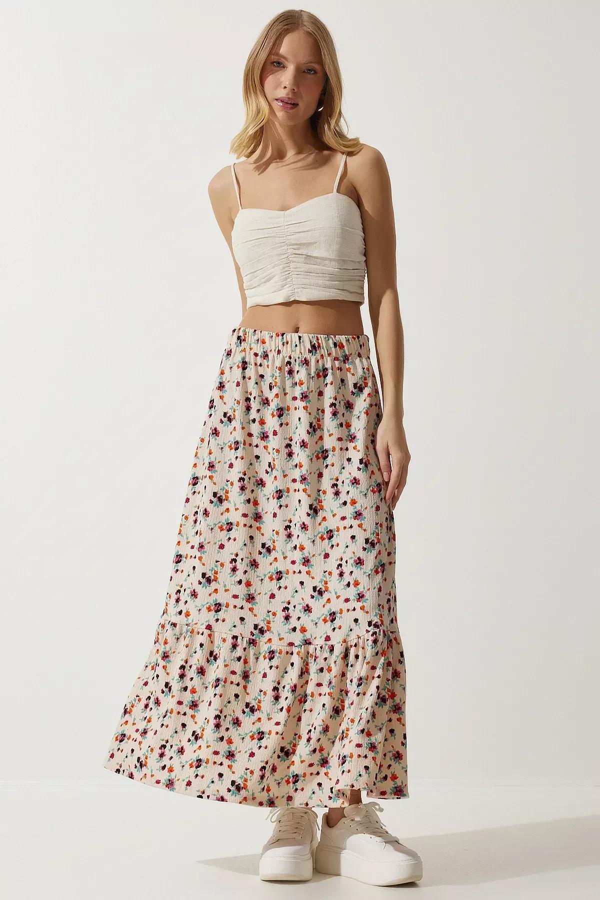 Womens Cream Floral Flounce Viscose Skirt DD01312, single, Cream, large image number 3