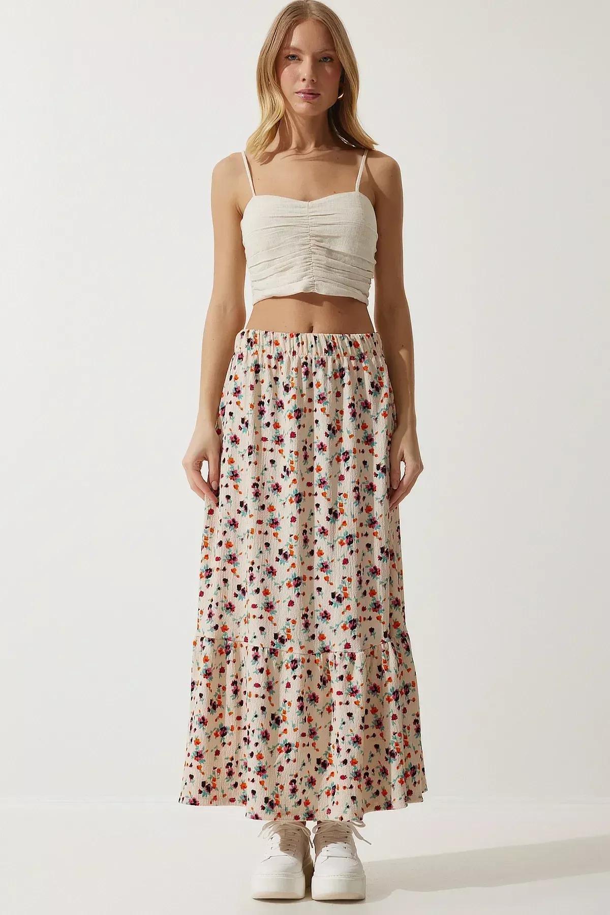 Womens Cream Floral Flounce Viscose Skirt DD01312, single, Cream, large image number 4