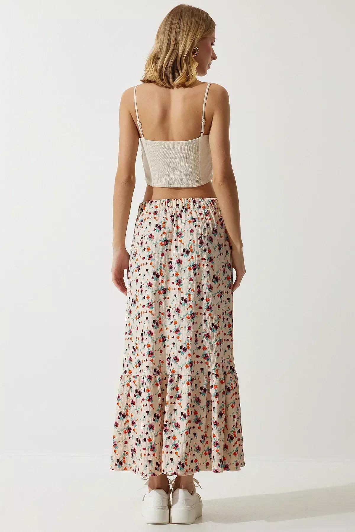 Womens Cream Floral Flounce Viscose Skirt DD01312, single, Cream, large image number 6