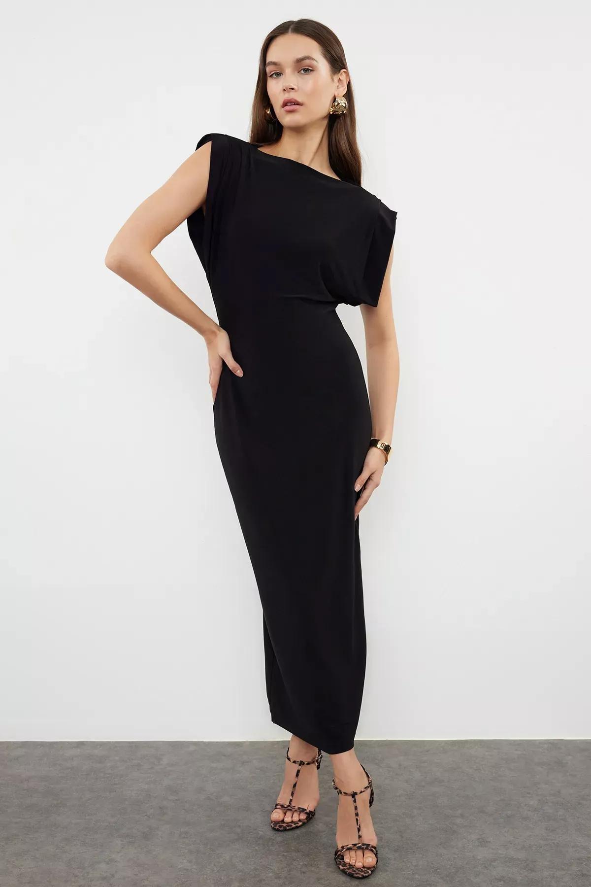 Black Padded Draped Bodycon Midi Dress, , large image number 0
