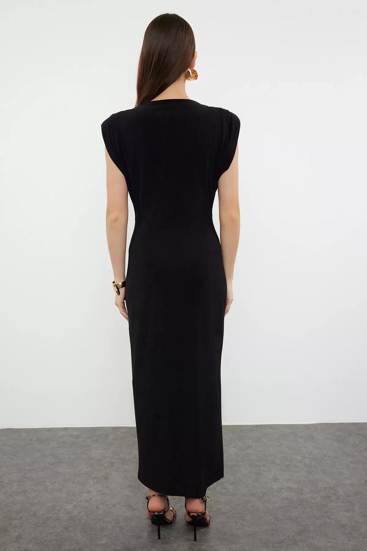 Black Padded Draped Bodycon Midi Dress, , large image number 4