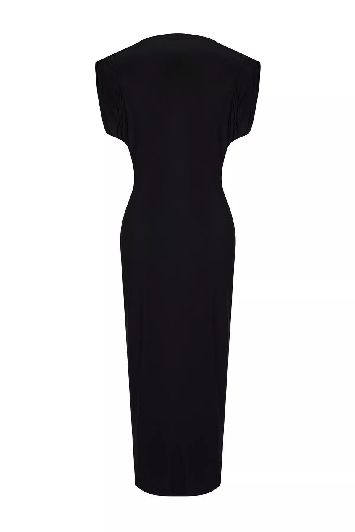 Black Padded Draped Bodycon Midi Dress, , large image number 5