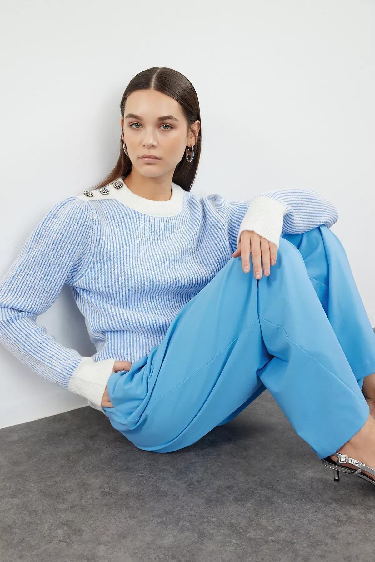 Blue Button Detailed Knit Sweater, LIGHT BLUE, large image number 0