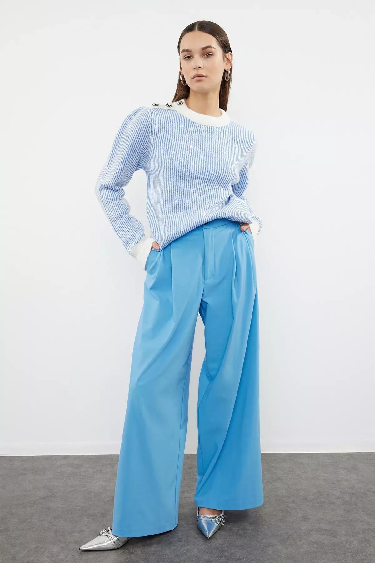 Blue Button Detailed Knit Sweater, LIGHT BLUE, large image number 1