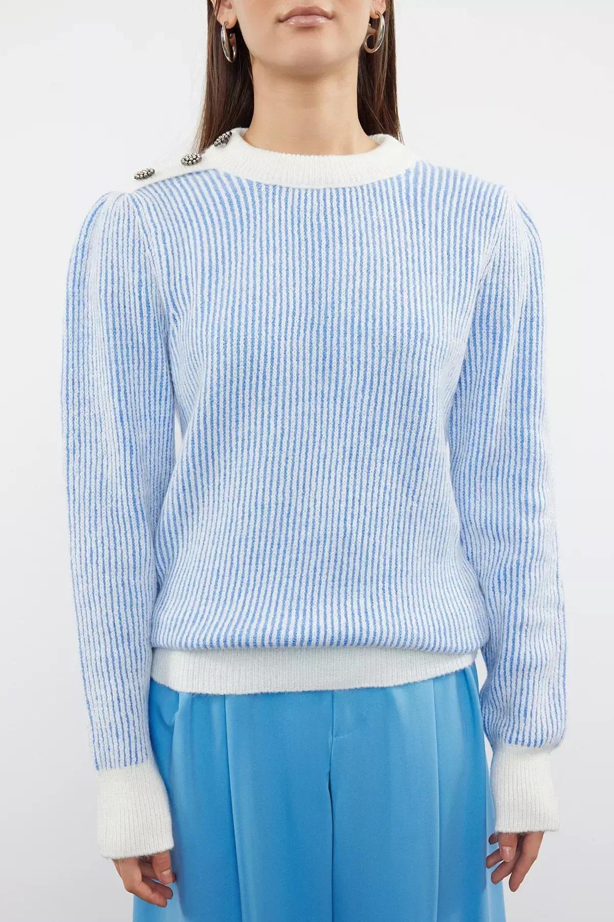 Blue Button Detailed Knit Sweater, LIGHT BLUE, large image number 2