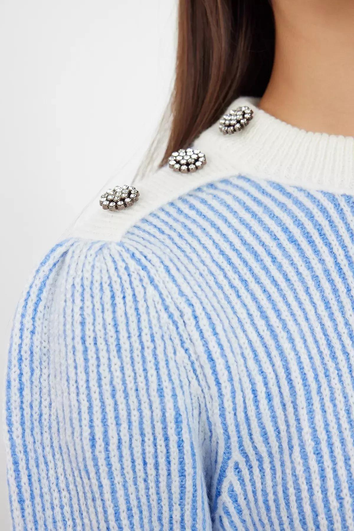 Blue Button Detailed Knit Sweater, LIGHT BLUE, large image number 3