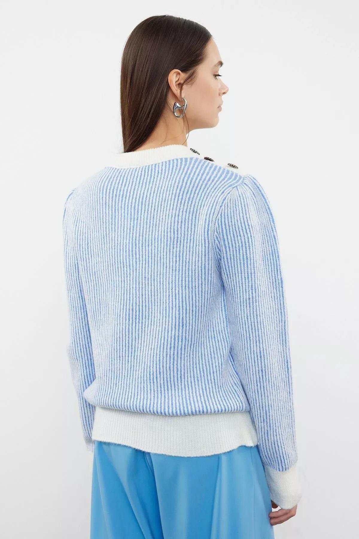 Blue Button Detailed Knit Sweater, LIGHT BLUE, large image number 4