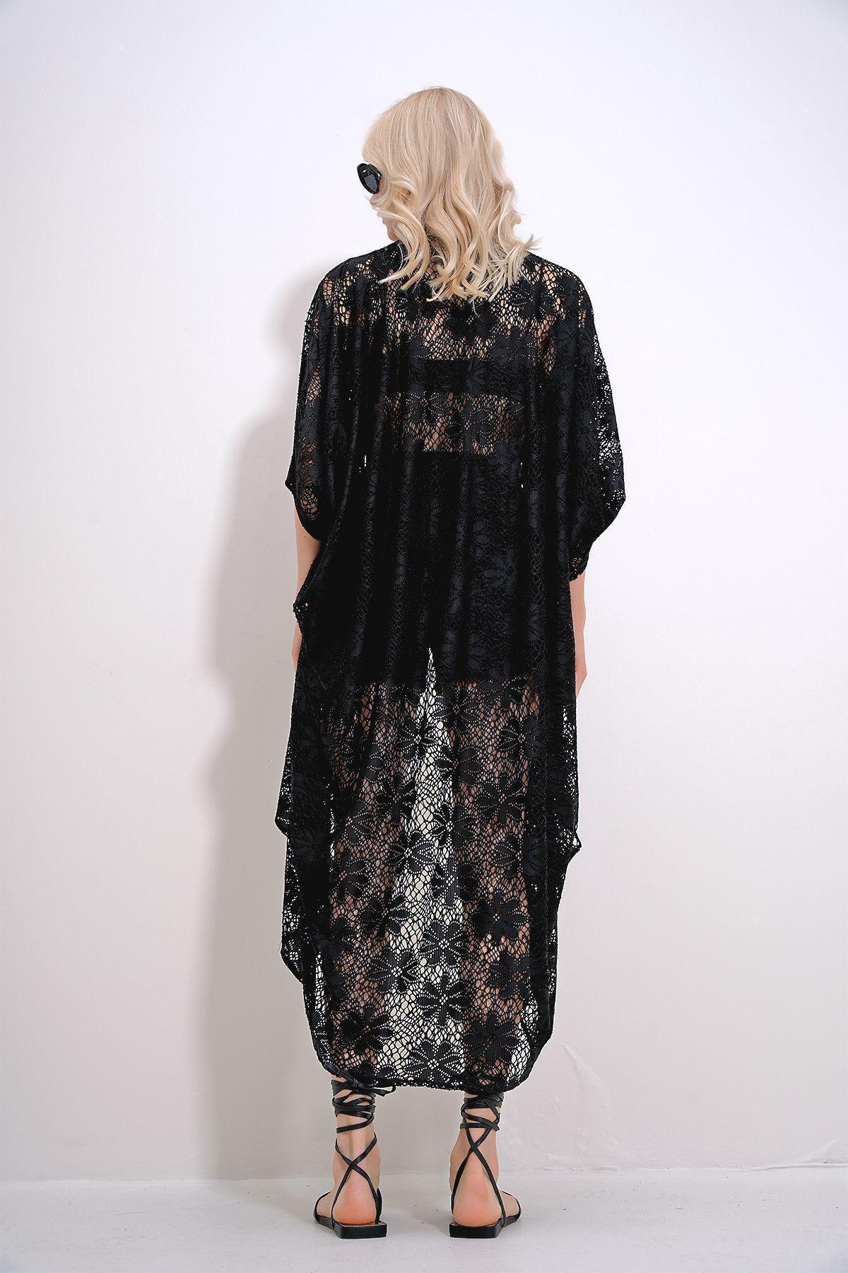 Black Patterned Chiffon Kimono, BLACK, large image number 3