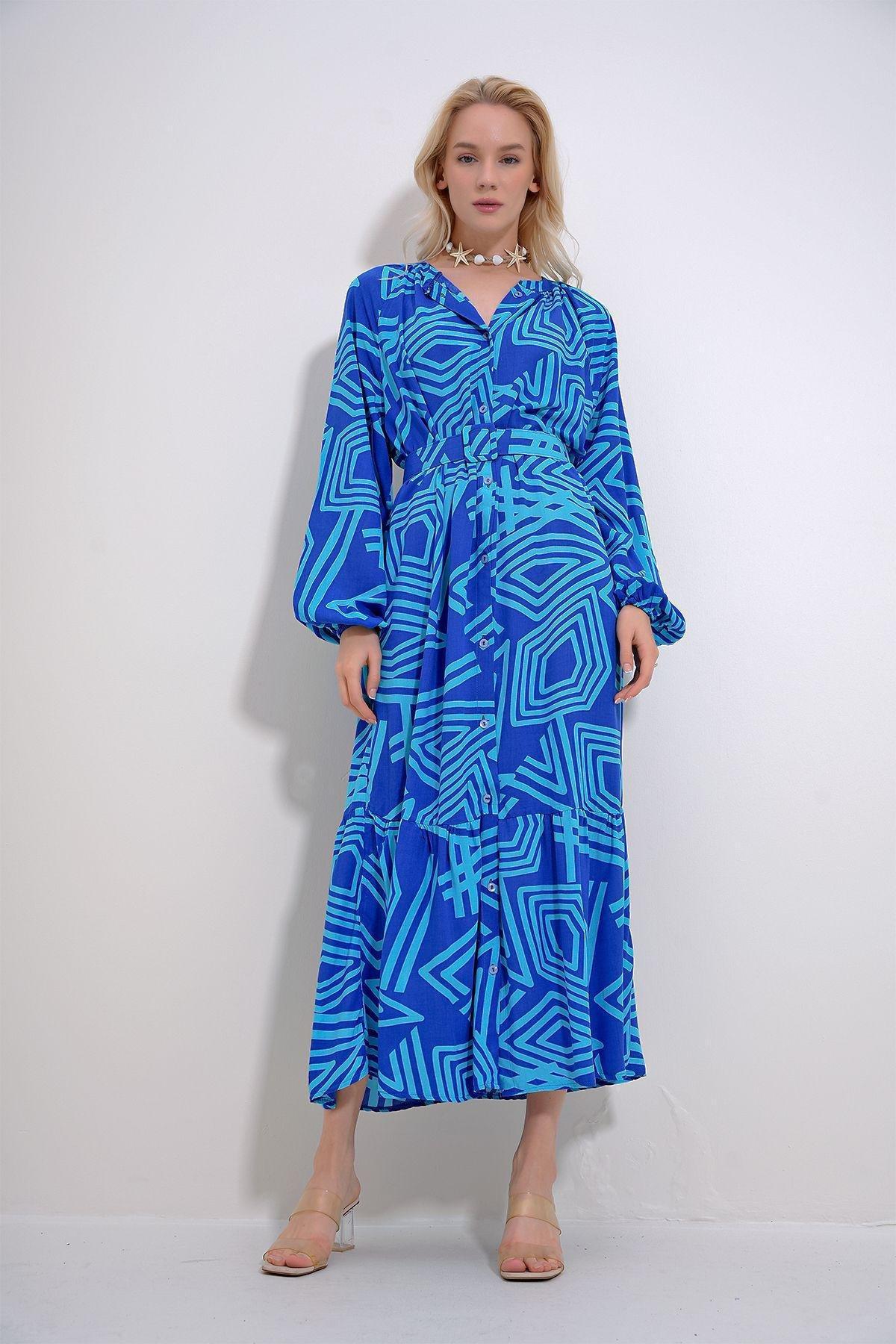 Blue Geometric Print Maxi Dress, , large image number 1