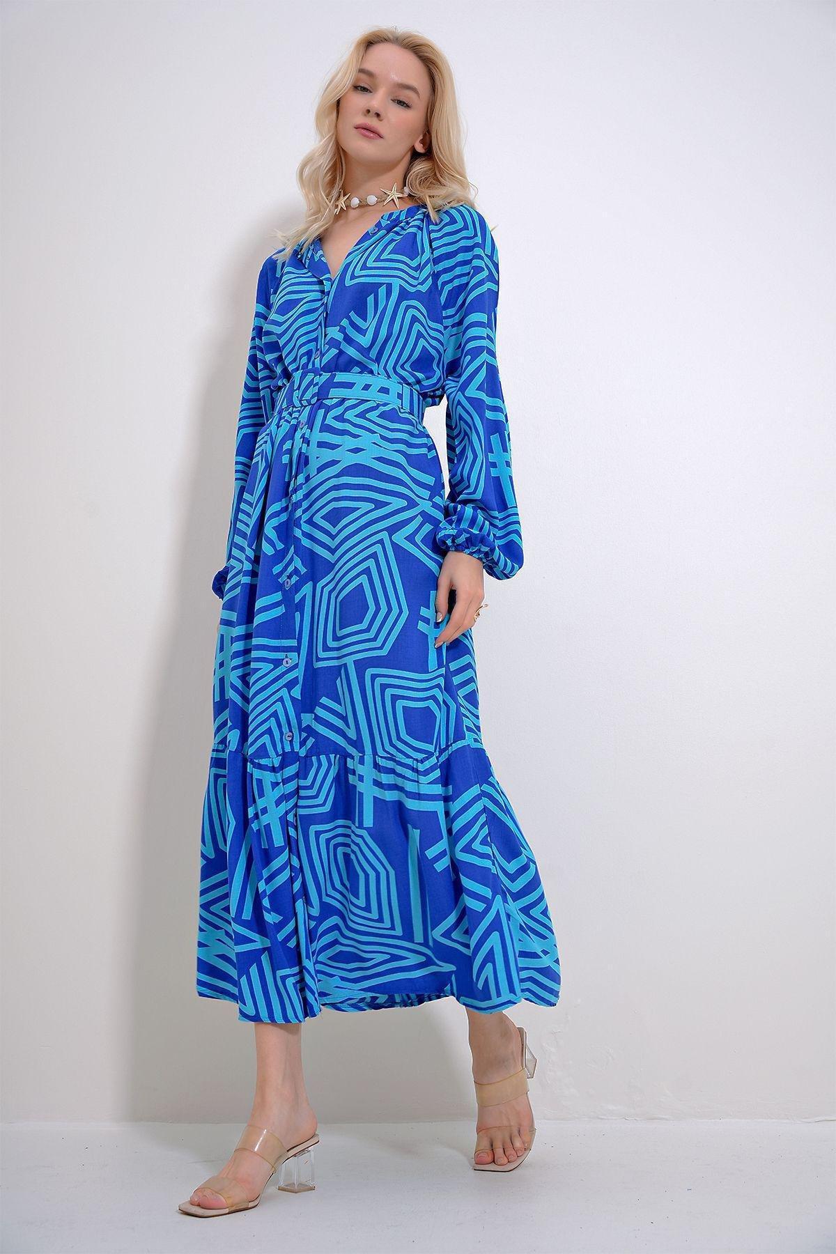 Blue Geometric Print Maxi Dress, , large image number 2