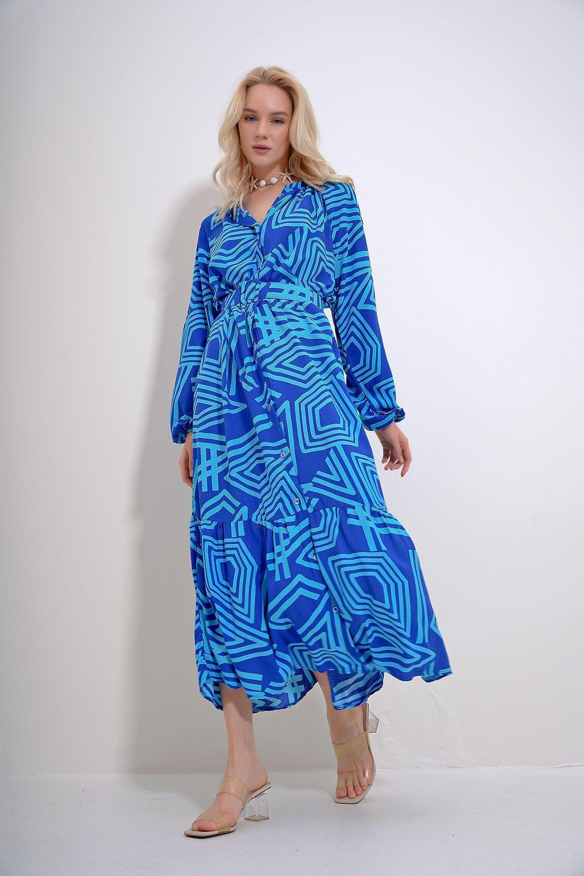 Blue Geometric Print Maxi Dress, , large image number 3