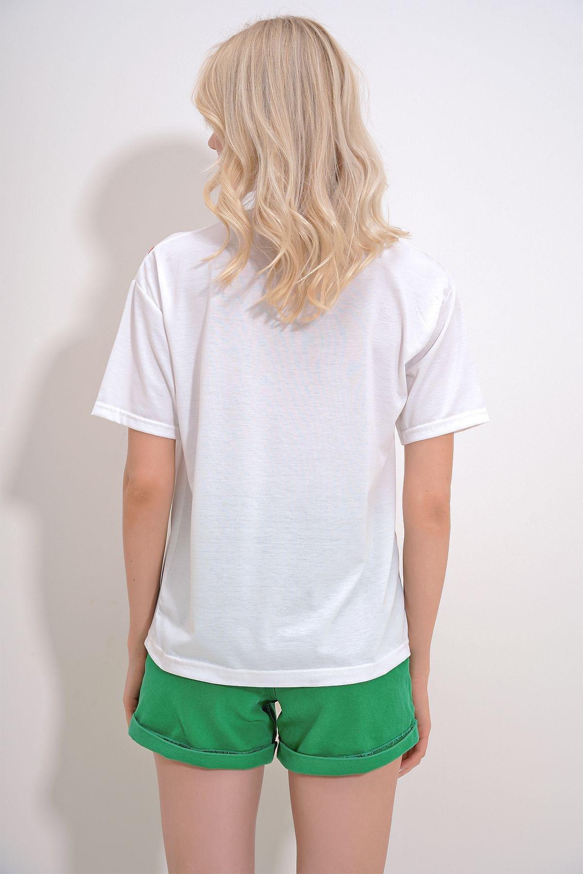 Womens White Crew Neck Flock Printed T-Shirt ALC-X12078, single, , large image number 4