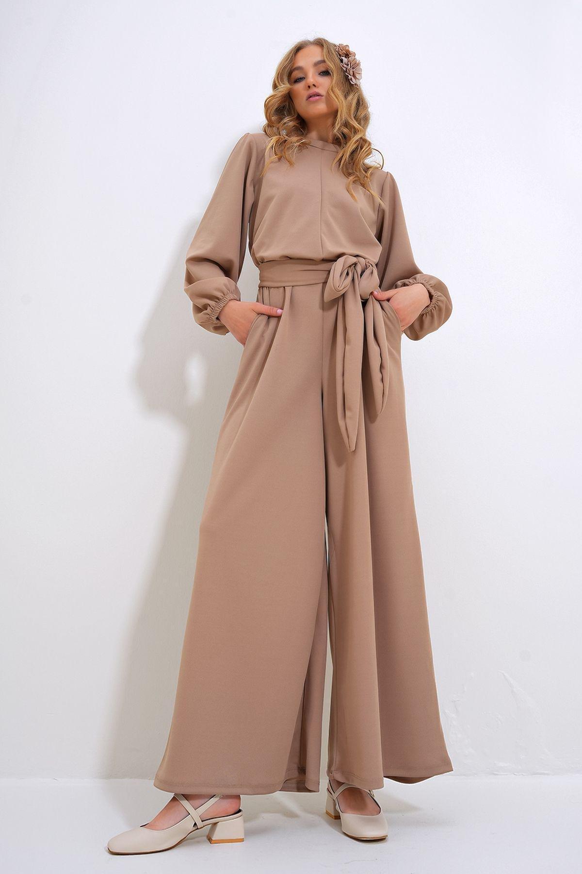 Women&#39;s Stone High Collar Back Zipper Princess Sleeve Waist Belted Jumpsuit ALC-X12041, STONE, large image number 0