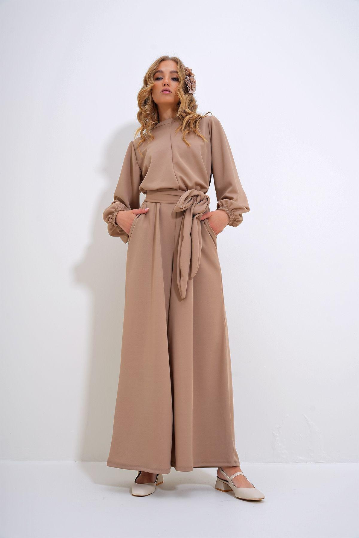 Women&#39;s Stone High Collar Back Zipper Princess Sleeve Waist Belted Jumpsuit ALC-X12041, STONE, large image number 1