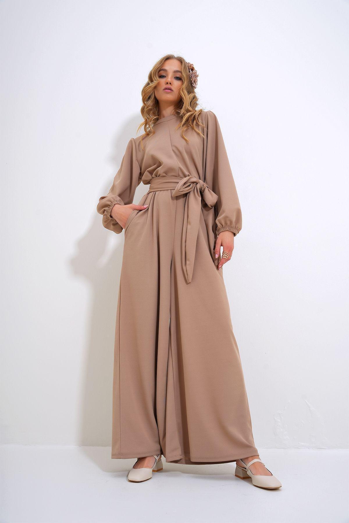 Women&#39;s Stone High Collar Back Zipper Princess Sleeve Waist Belted Jumpsuit ALC-X12041, STONE, large image number 2