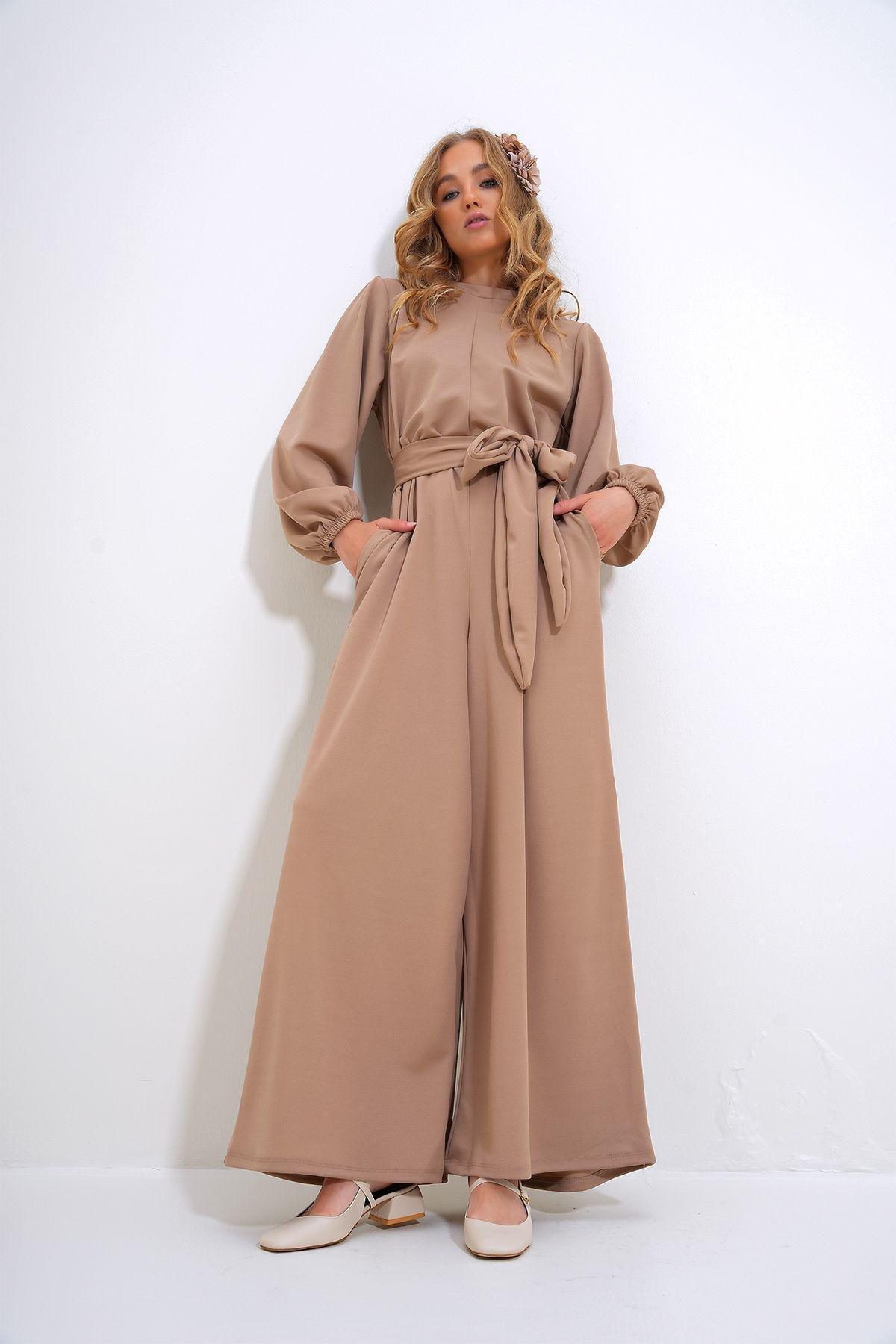 Women&#39;s Stone High Collar Back Zipper Princess Sleeve Waist Belted Jumpsuit ALC-X12041, STONE, large image number 3