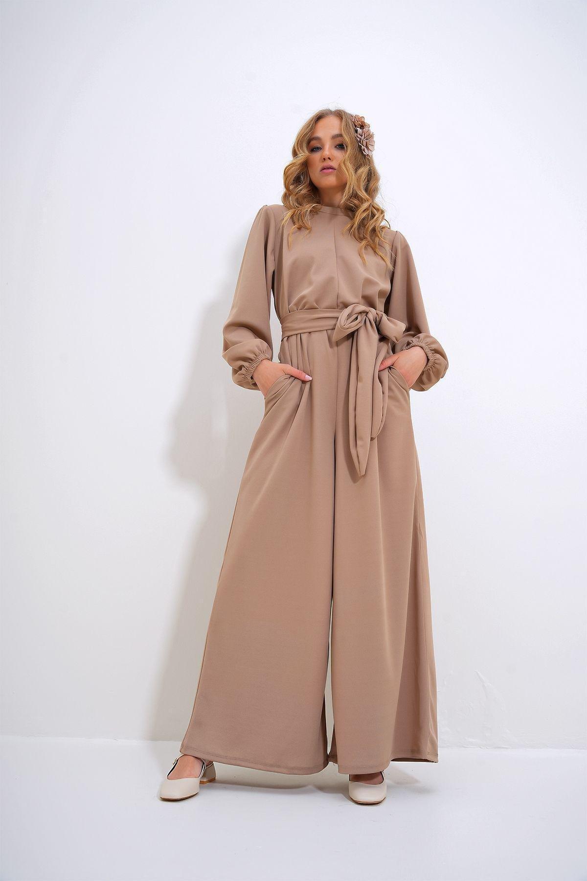 Women&#39;s Stone High Collar Back Zipper Princess Sleeve Waist Belted Jumpsuit ALC-X12041, STONE, large image number 4