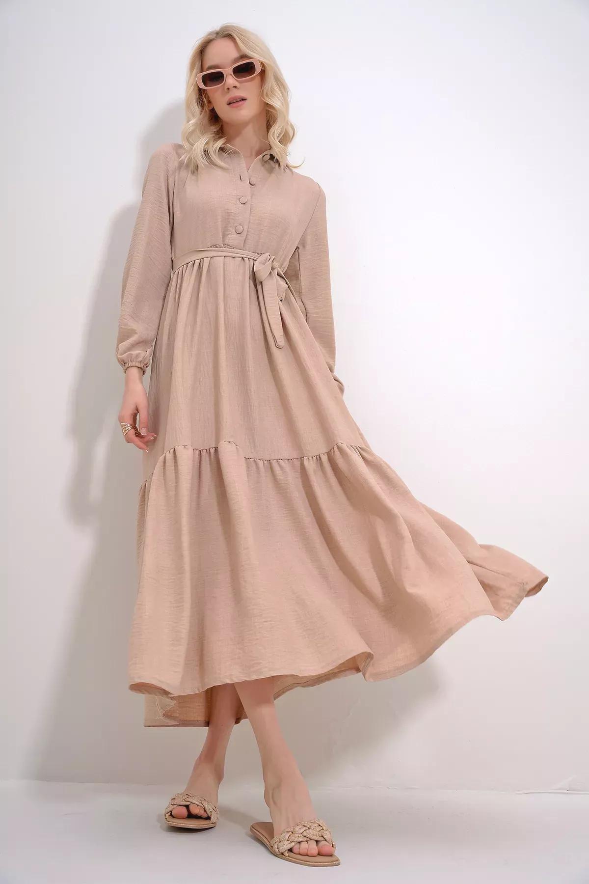 Beige Frills Ruffle Maxi Dress ALC-X12045, , medium