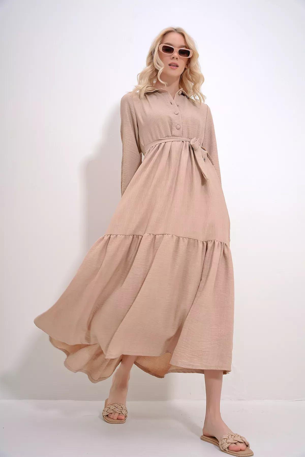 Beige Frills Ruffle Maxi Dress ALC-X12045, , large image number 1