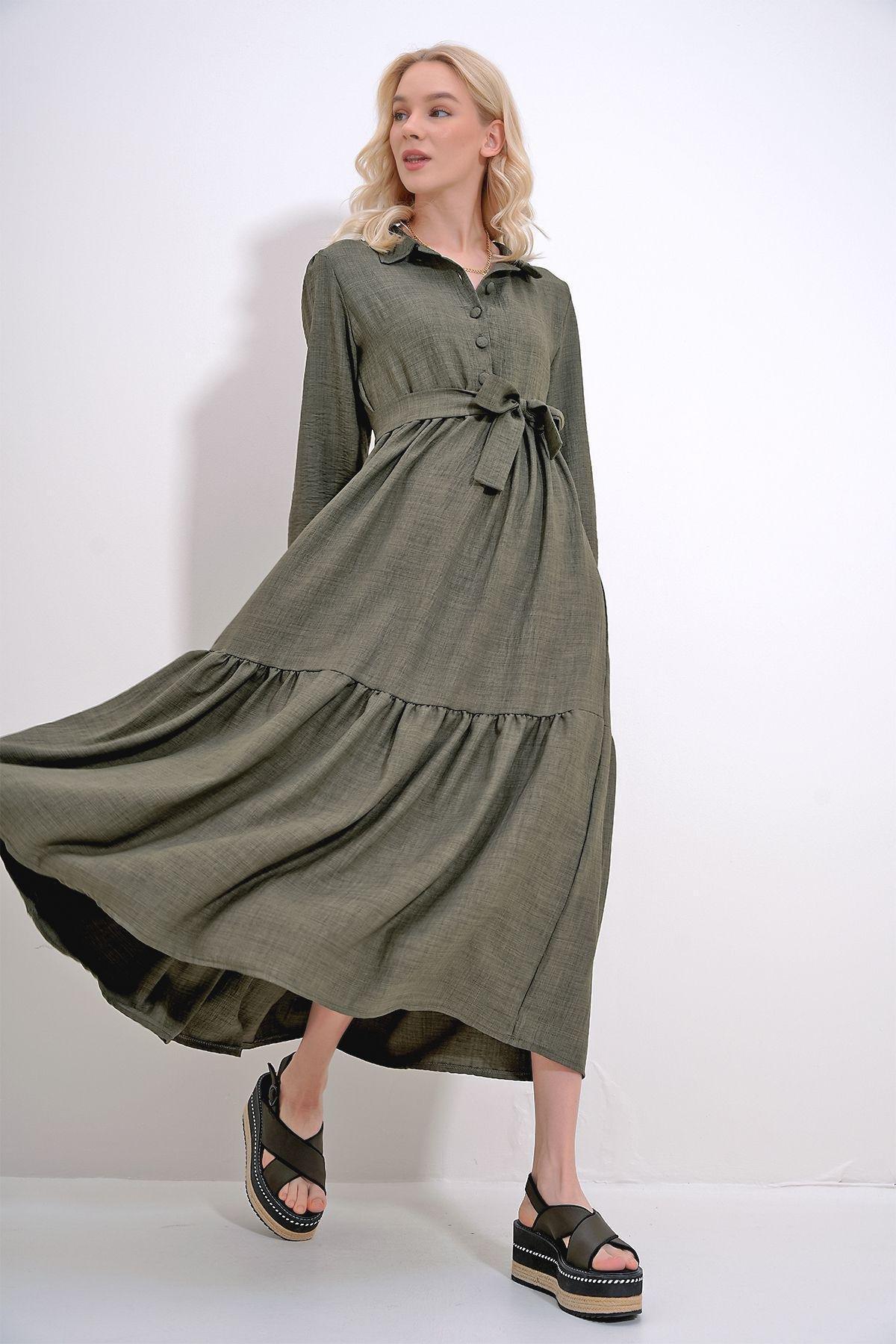 Khaki Frills Ruffle Maxi Dress, Khaki, large image number 1
