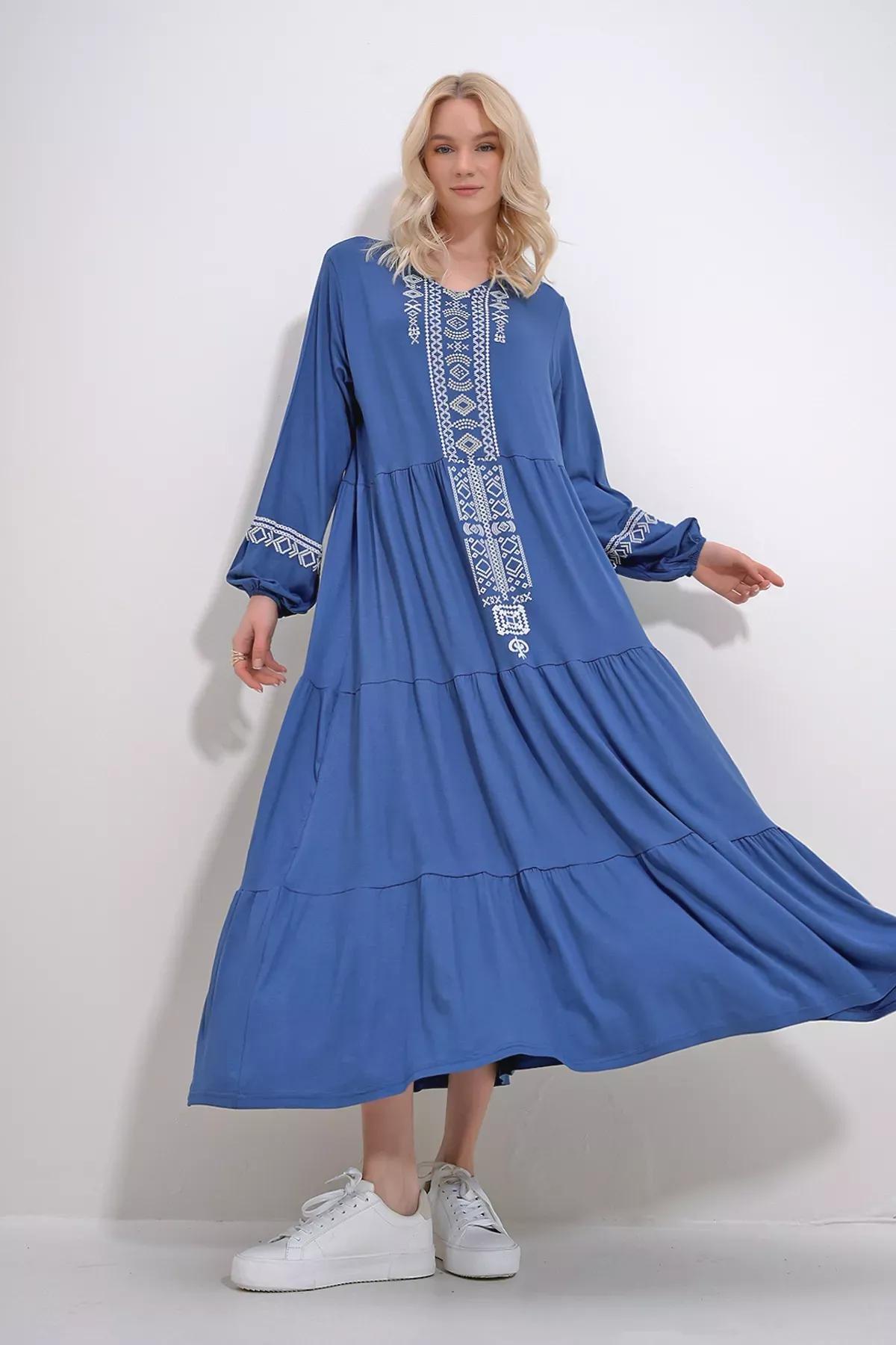 Indigo Embroidered A-Line Maxi Dress, Indigo, large image number 0