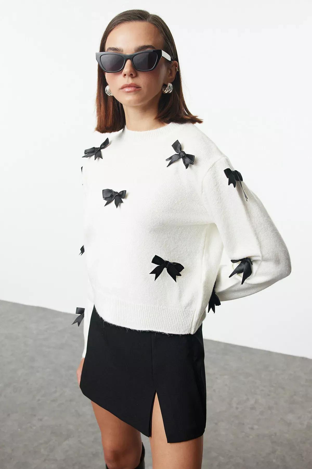 Beige Ribbon Detail Knit Sweater, Ecru, large image number 0