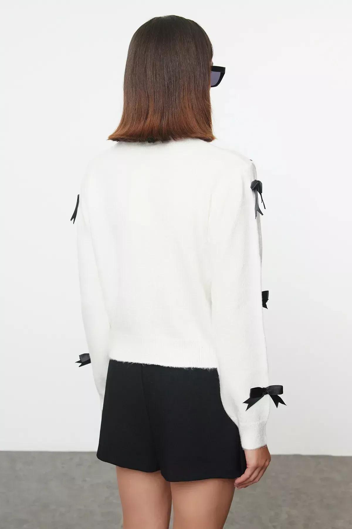 Beige Ribbon Detail Knit Sweater, Ecru, large image number 4