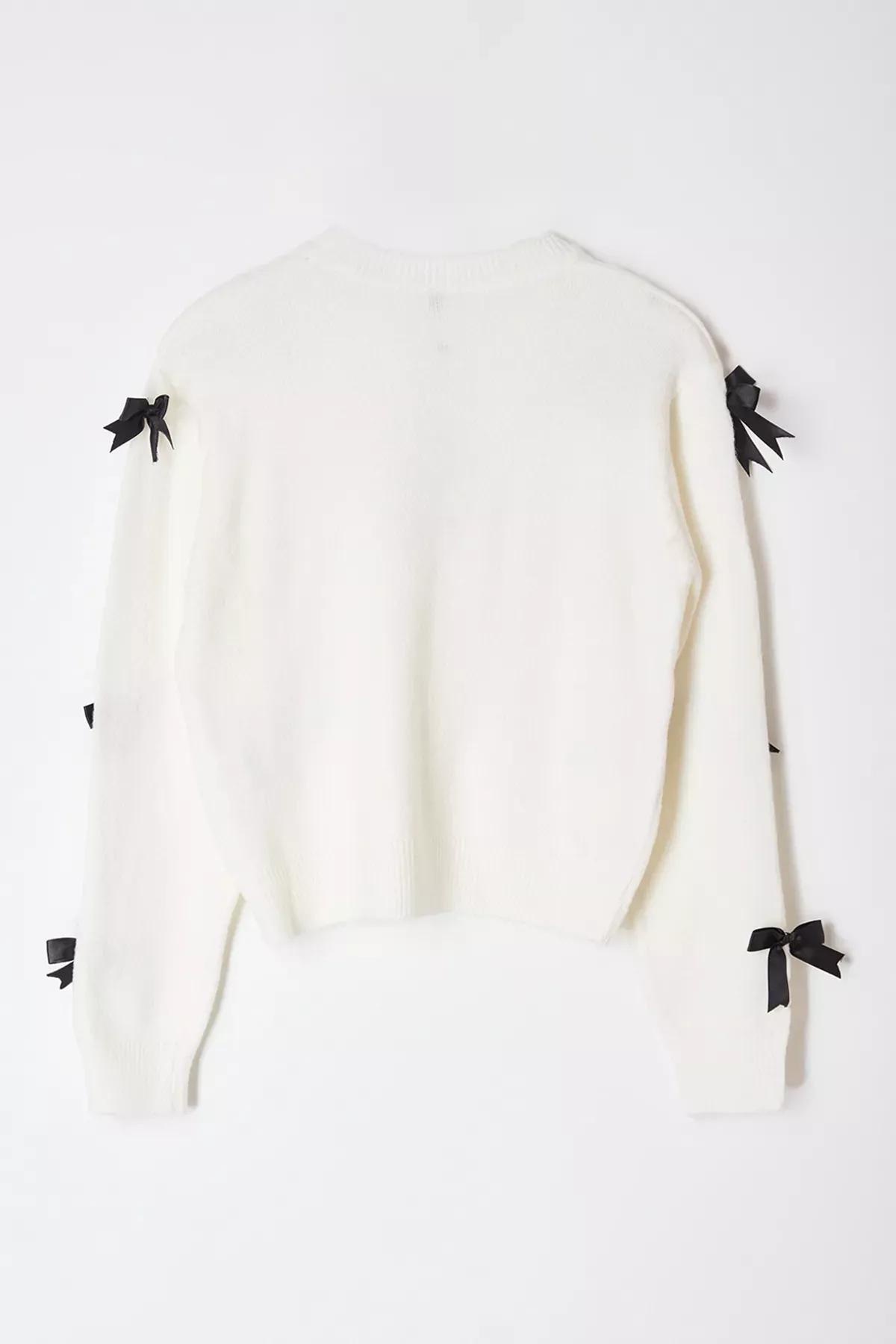 Beige Ribbon Detail Knit Sweater, Ecru, large image number 5