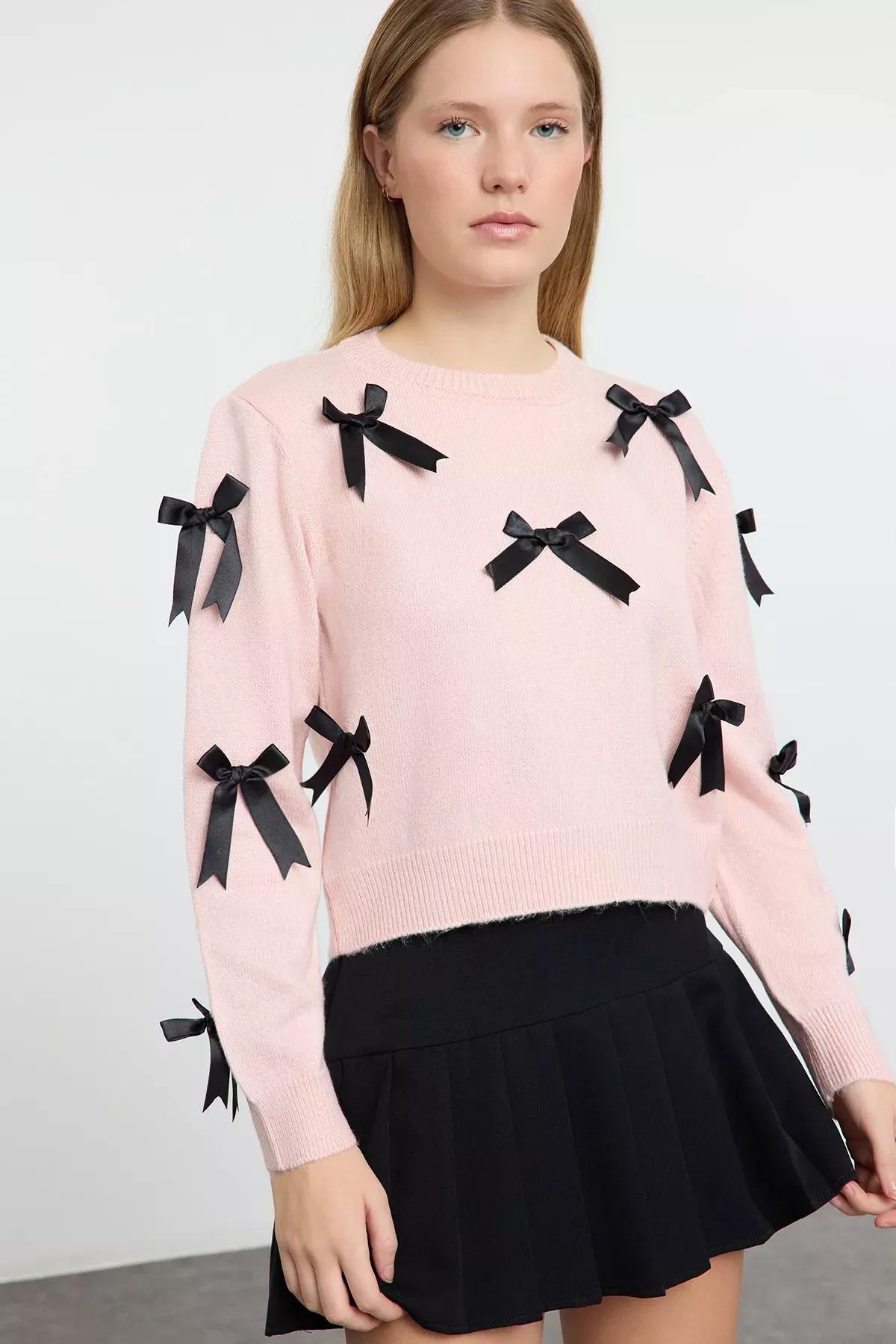 Pink d Ribbon/Bow Knit Sweater, Pink, large image number 0