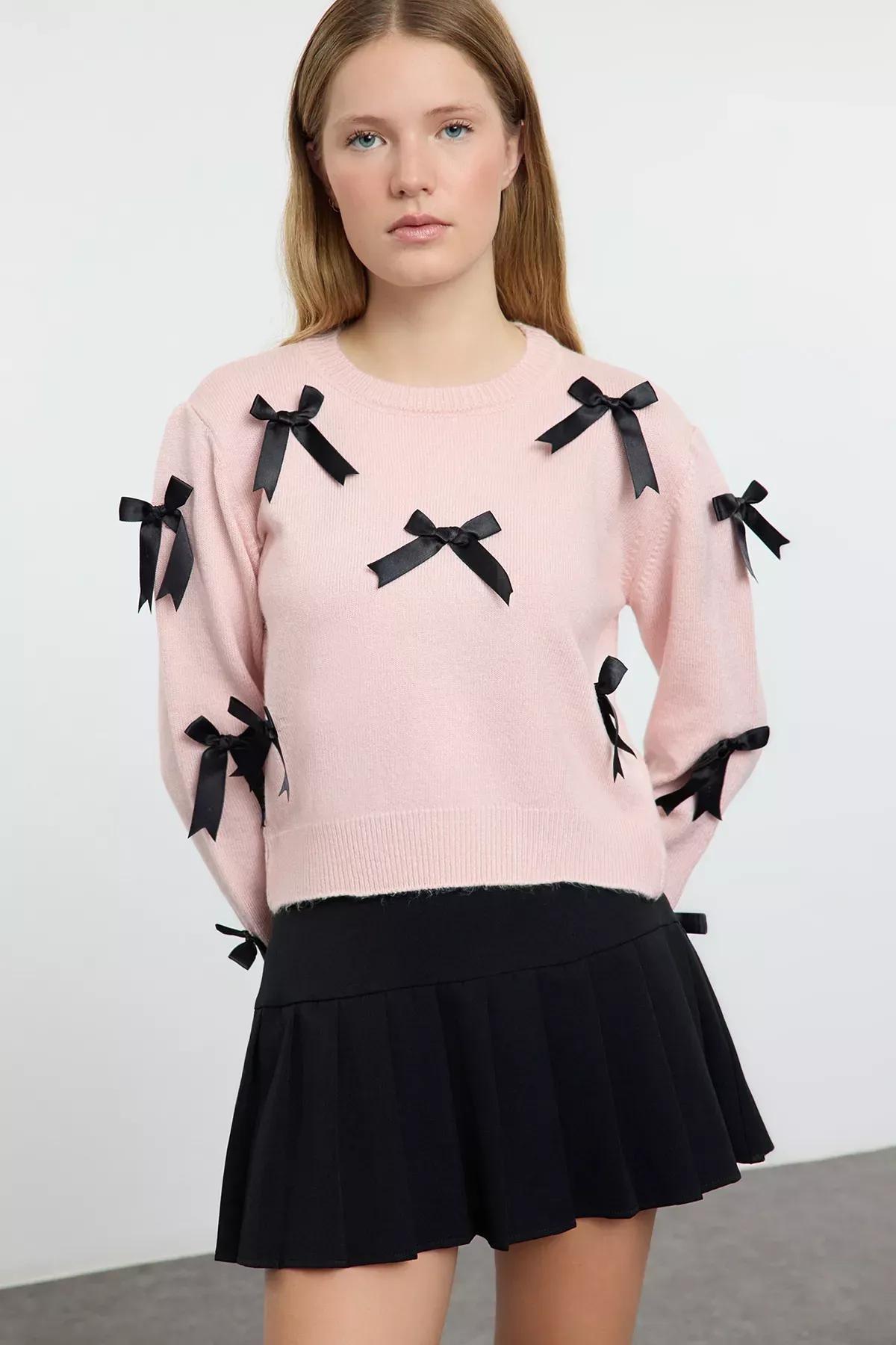 Pink d Ribbon/Bow Knit Sweater, Pink, large image number 1
