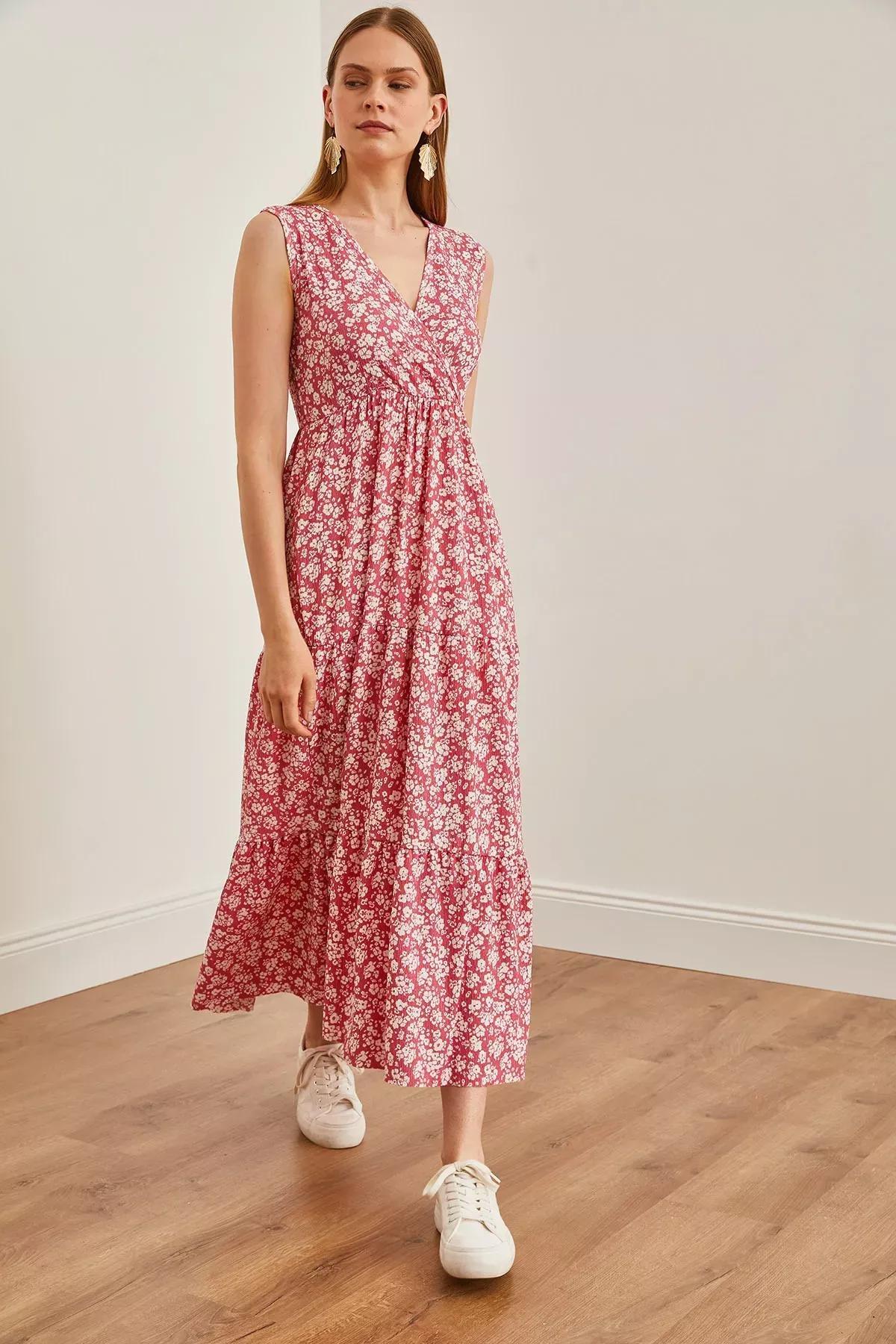 Womens Daisy Pink Double Breasted Collar Patterned Maxi Knitted Dress ELB-19002125, single, C101_6262, large image number 1