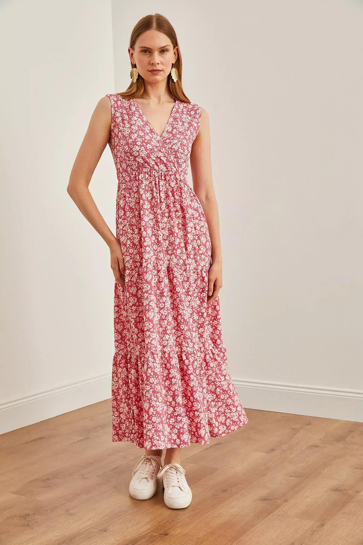 Womens Daisy Pink Double Breasted Collar Patterned Maxi Knitted Dress ELB-19002125, single, C101_6262, large image number 2